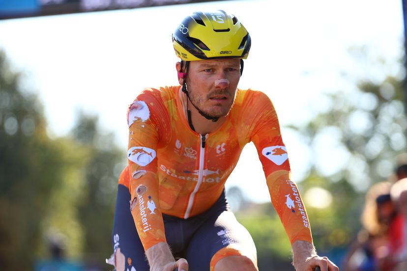 Dutch Dylan van Baarle pictured at the arrival after a fall in the 24 km time trial of the Men Elite category at the UEC road European cycling championships, Wednesday 01 October 2025, in Loriol-sur-Drome, France. The European cycling championships Drome-Ardeche takes place from 1 to 5 October, France. BELGA PHOTO DAVID PINTENS