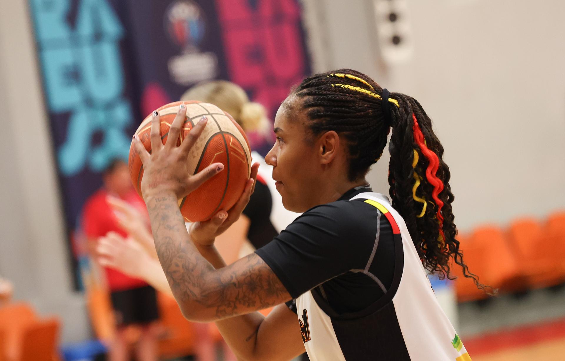 Belgium's Maxuella Lisowa Mbaka pictured during a training session of Belgian national basketball team 'the Belgian Cats' on Saturday 28 June 2025 in Piraeus, Greece. The team is preparing for tomorrow's game against Spain, the finals of the FIBA Women's EuroBasket 2025. BELGA PHOTO VIRGINIE LEFOUR