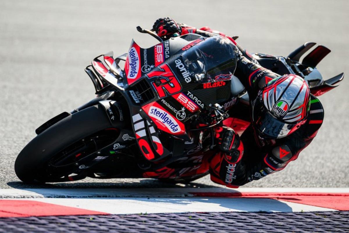Aprilia Racing team's Italian MotoGP rider Marco Bezzecchi drives during the practice session of motorcycle Austrian Moto GP Grand Prix at the Red Bull ring circuit in Spielberg, Austria, on August 15, 2025.   Jure Makovec / AFP
