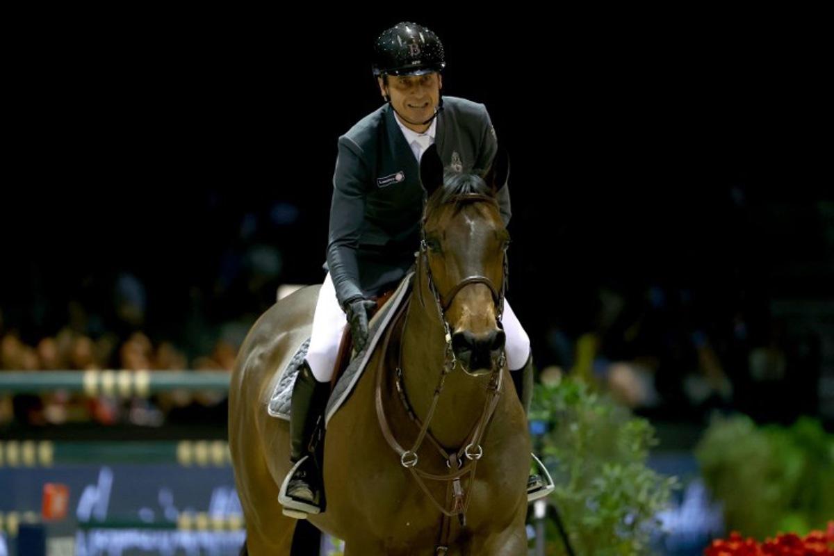 French' Julien Epaillard riding Donatello d'Auge reacts during the FEI World Cup Jumping event at the Parc des Expositions in Bordeaux, south-western France, on February 8, 2025.   ROMAIN PERROCHEAU / AFP