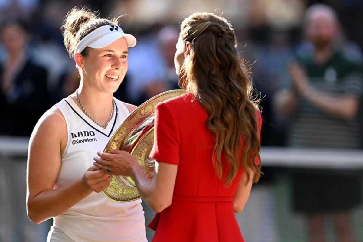 Britain's Catherine, Princess of Wales gives the winner's trophy, the Venus Rosewater Dish, to Czech Republic's Linda Noskova after her victory against Czech Republic's Karolina Muchova at the end of their women's singles final tennis match on the thirteenth day of the 2026 Wimbledon Championships at The All England Lawn Tennis and Croquet Club in Wimbledon, southwest London, on July 11, 2026.  Kirill KUDRYAVTSEV / AFP