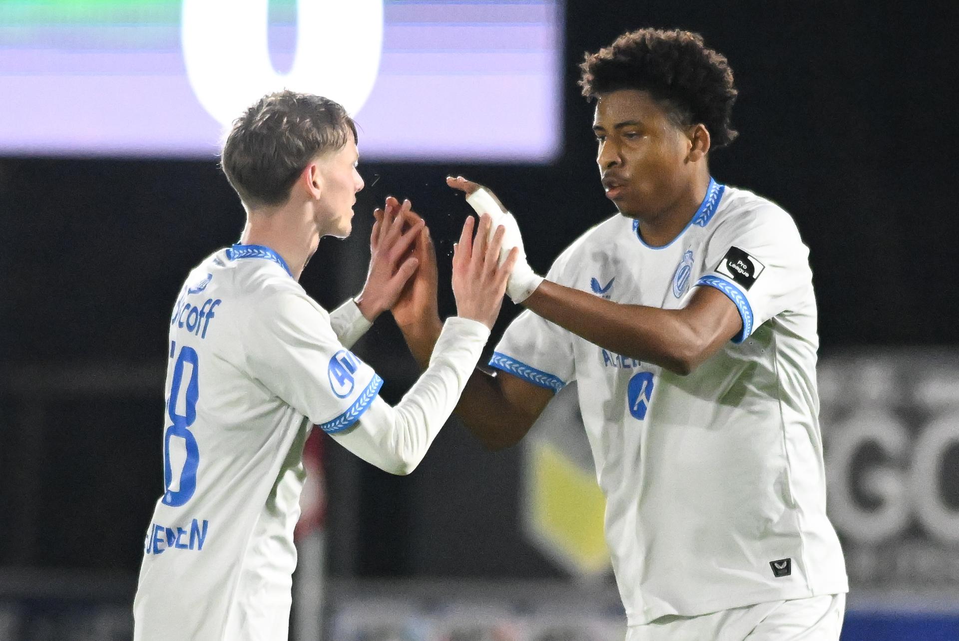 Club's Yanis Musuayi celebrates after scoring during a soccer game between RFC Liege and Club NXT, Friday 20 February 2026 in Liege, on day 26 (out of 30) of the 2025-2026 'Challenger Pro League' 1B second division of the Belgian championship. BELGA PHOTO JILL DELSAUX