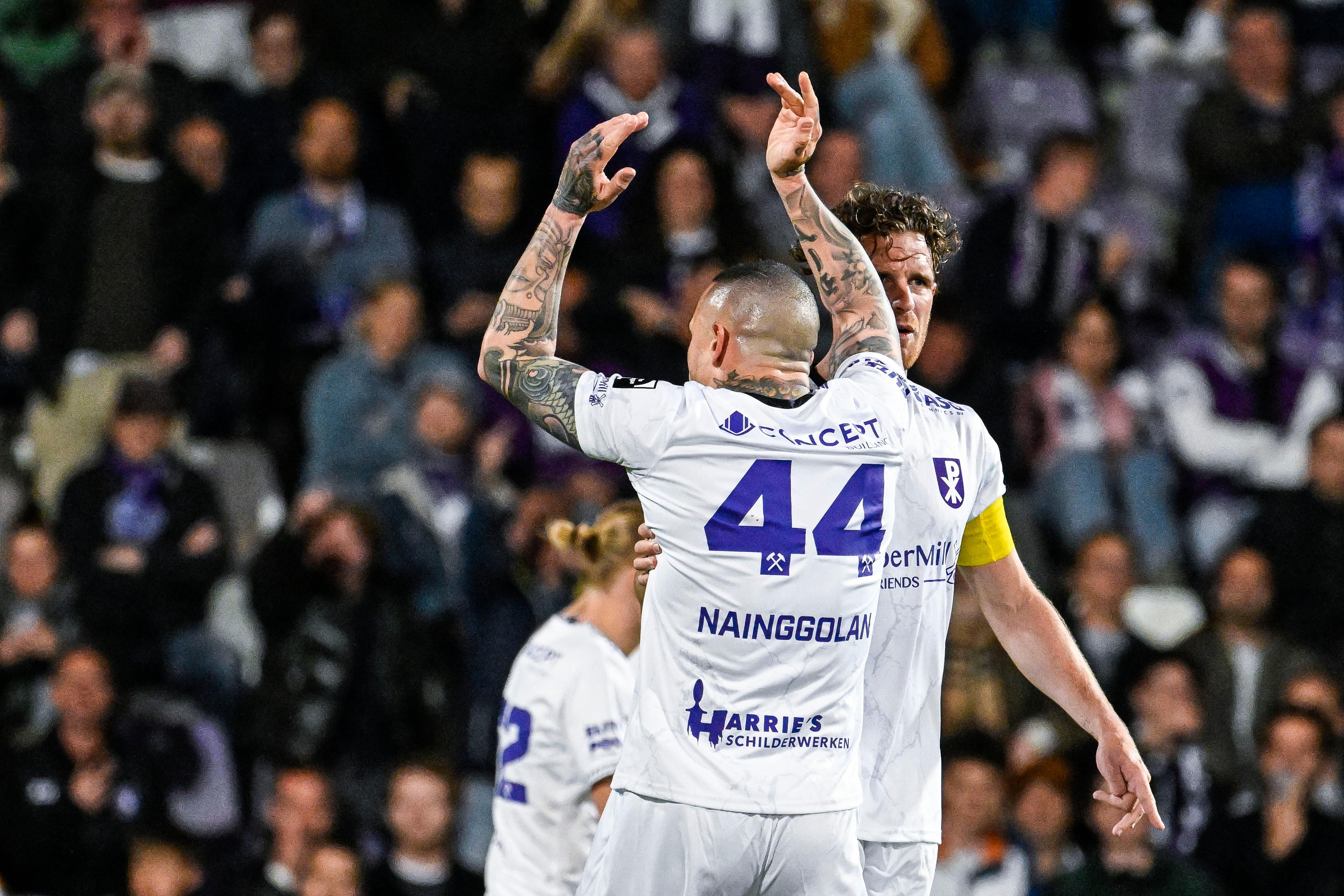 Patro Eisden's Radja Nainggolan celebrates after scoring during a soccer game between Beerschot VA and Patro Eisden Maasmechelen, Monday 27 April 2026 in Antwerp, the return leg of the Semi-Finals of the Promotion Play-Offs of the 2025-2026 'Challenger Pro League' 1B second division of the Belgian championship. First leg ended on a draw 1-1. BELGA PHOTO TOM GOYVAERTS