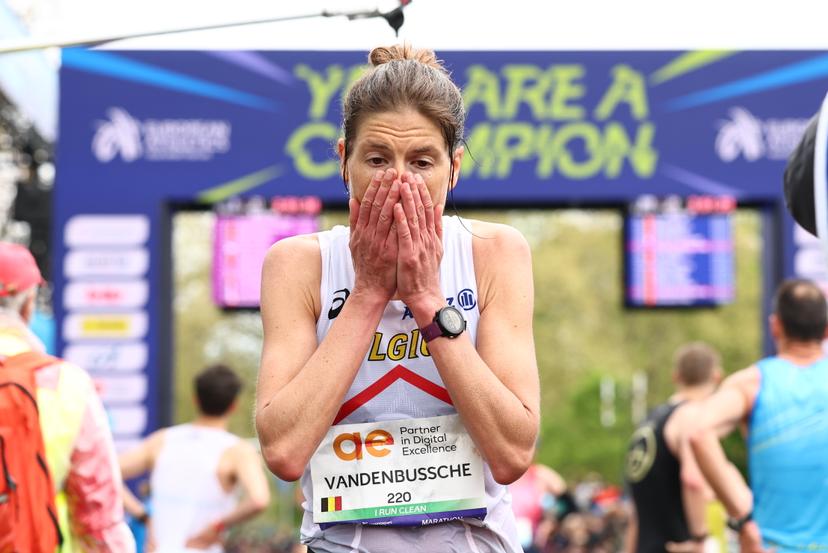 Belgian Hanna Vandenbussche reacts at the end of the women marathon race at European Running Championships, from Leuven to Brussels, Sunday 13 April 2025.  BELGA PHOTO DAVID PINTENS