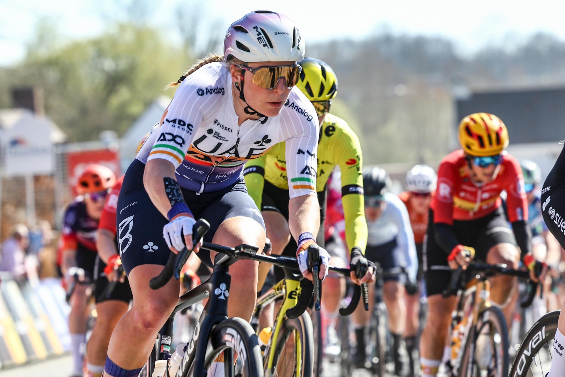 Irish Lara Gillespie of UAE Team ADQ pictured in action during the 'Nokere Koerse' one day cycling race for women elite, 134 km  from Deinze to Nokere, on Wednesday 19 March 2025. BELGA PHOTO DAVID PINTENS