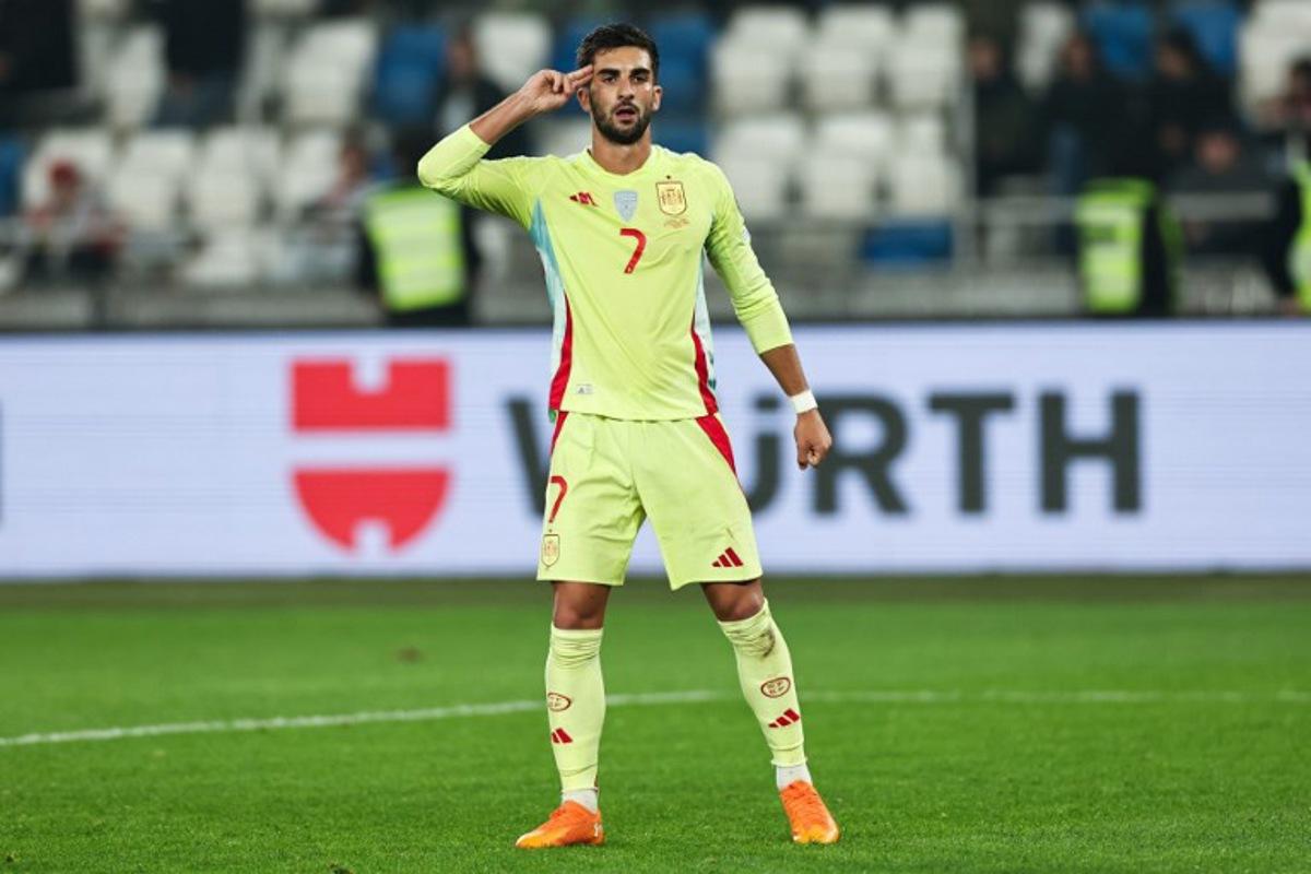 Spain's midfielder #07 Ferran Torres celebrates after scoring the team's third goal during the FIFA World Cup 2026 European qualification football match between Georgia and Spain at the Boris Paichadze National Stadium in Tbilisi on November 15, 2025.  Giorgi ARJEVANIDZE / AFP