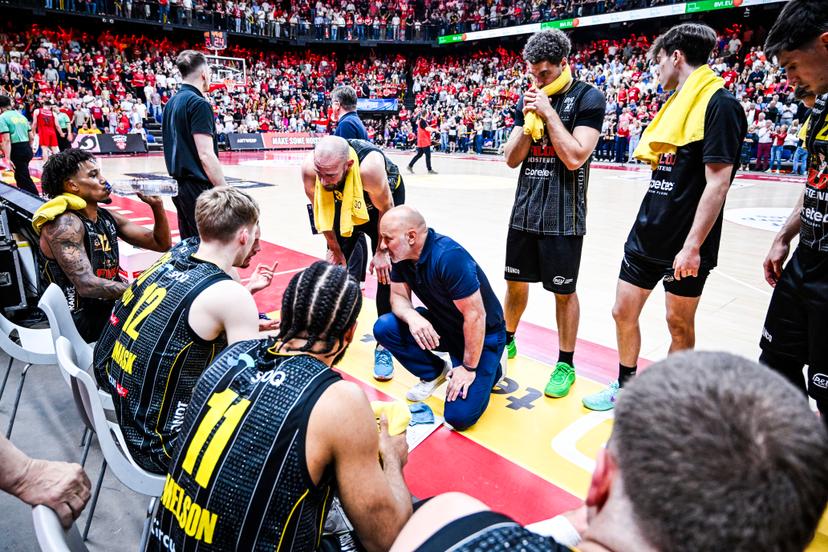 Oostende's head coach Dennis Wucherer pictured during a basketball match between Antwerp Giants and BC Oostende, Saturday 13 June 2026, in Antwerp, the fifth and last deciding match of the Final of the Playoffs of the 'BNXT League' Belgian/ Dutch first division basket championship. BELGA PHOTO TOM GOYVAERTS