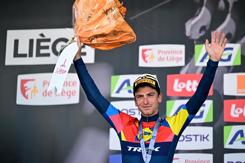 Italian Giulio Ciccone pictured on the podium after the men elite race of the Liege-Bastogne-Liege one day cycling event, 252km from Liege, over Bastogne to Liege, Sunday 27 April 2025. BELGA PHOTO MAARTEN STRAETEMANS