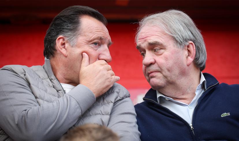Standard's new sport director Marc Wilmots and Standard's new general manager Pierre Francois pictured at the start of a soccer match between Standard de Liege and FCV Dender EH, Saturday 17 May 2025 in Liege, on day 9 (out of 10) of the Europe Play-offs of the 2024-2025 'Jupiler Pro League' first division of the Belgian championship. BELGA PHOTO VIRGINIE LEFOUR