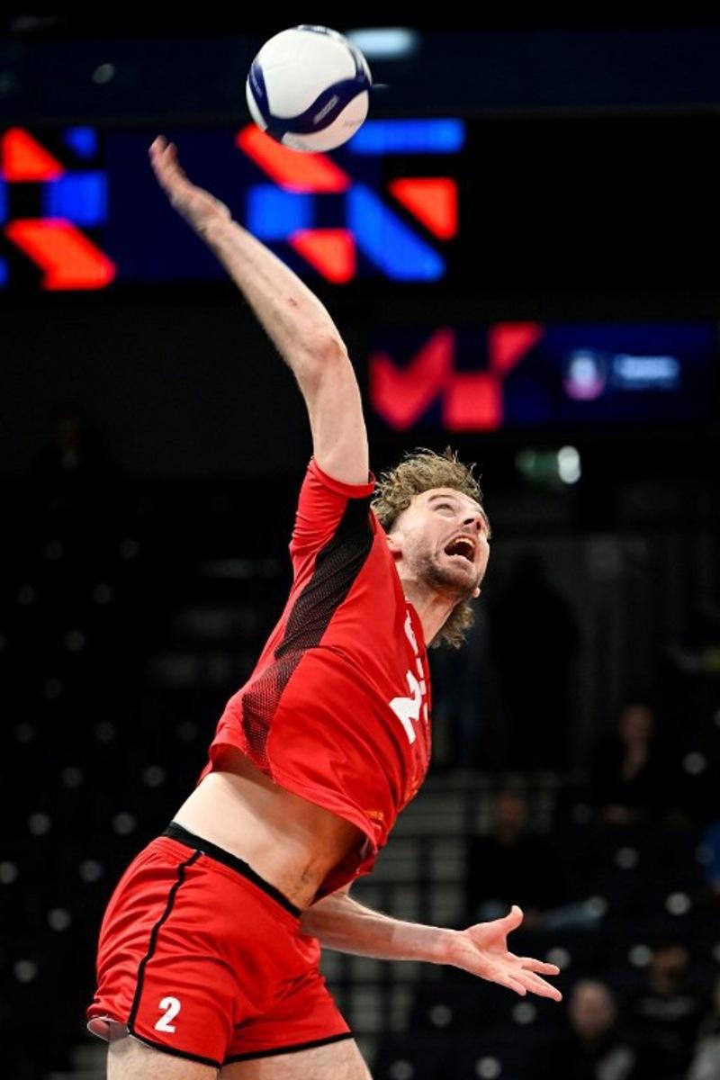 Belgium's Ferre Reggers plays the ball during the Men's EuroVolley 2026 Pool C match Serbia vs Belgium in Tampere, on September 17, 2026.  Team Belgium won the match. Emmi Korhonen / Lehtikuva / AFP