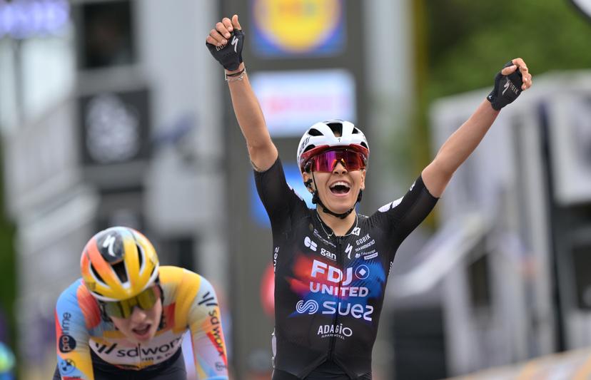 French Celia Gery of FDJ United-SUEZ celebrates after winning the women's 'Brabantse Pijl' one day cycling race, 125,7km from Lennik to Overijse on Friday 17 April 2026. BELGA PHOTO DAVID PINTENS