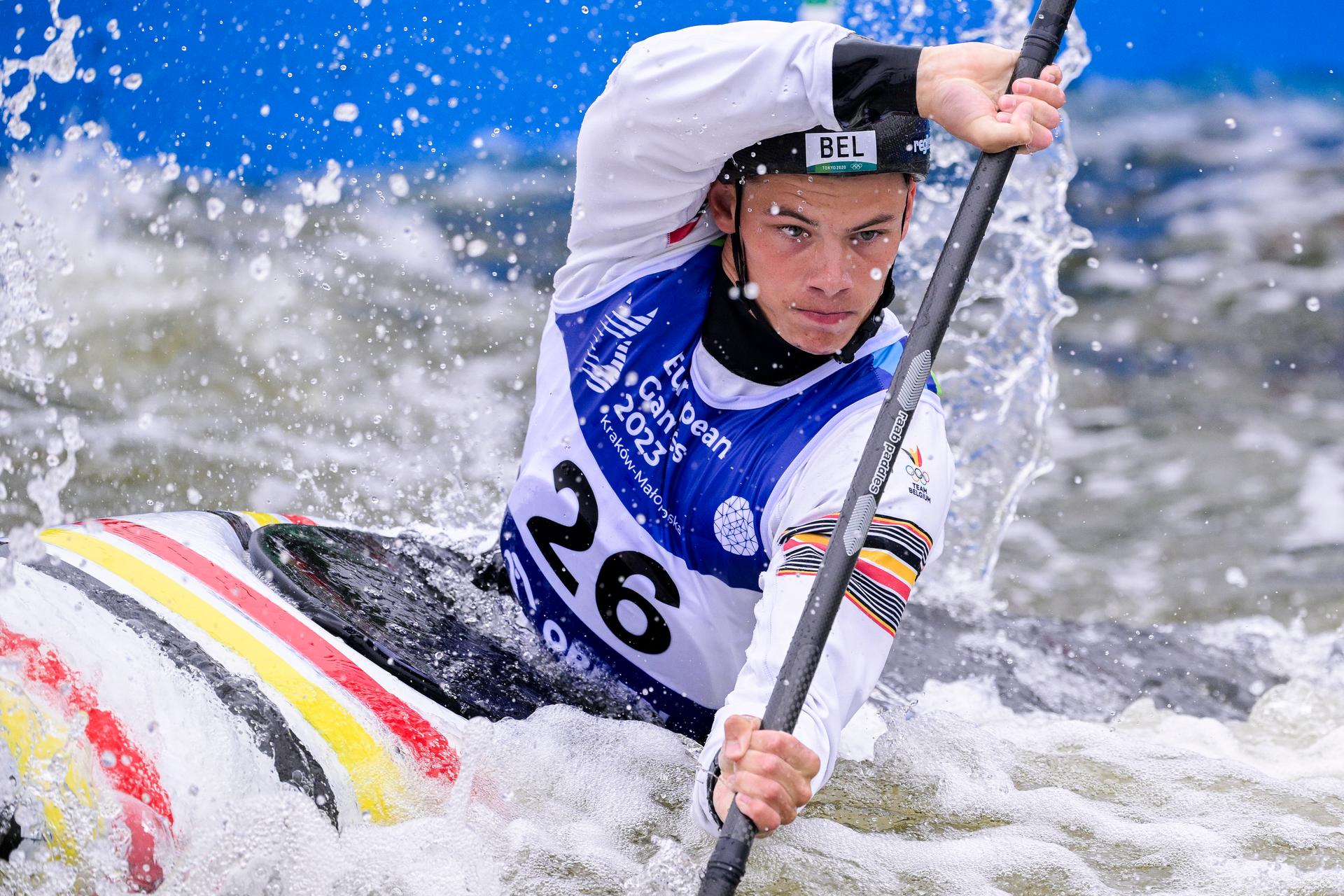 Belgian Canoe Slalom Athlete Gabriel De Coster pictured in action during the semi final of the Canoe Kayak slalom event at the European Games in Krakow, Poland on Saturday 01 July 2023. The 3rd European Games, informally known as Krakow-Malopolska 2023, is a scheduled international sporting event that will be held from 21 June to 02 July 2023 in Krakow and Malopolska, Poland. BELGA PHOTO LAURIE DIEFFEMBACQ