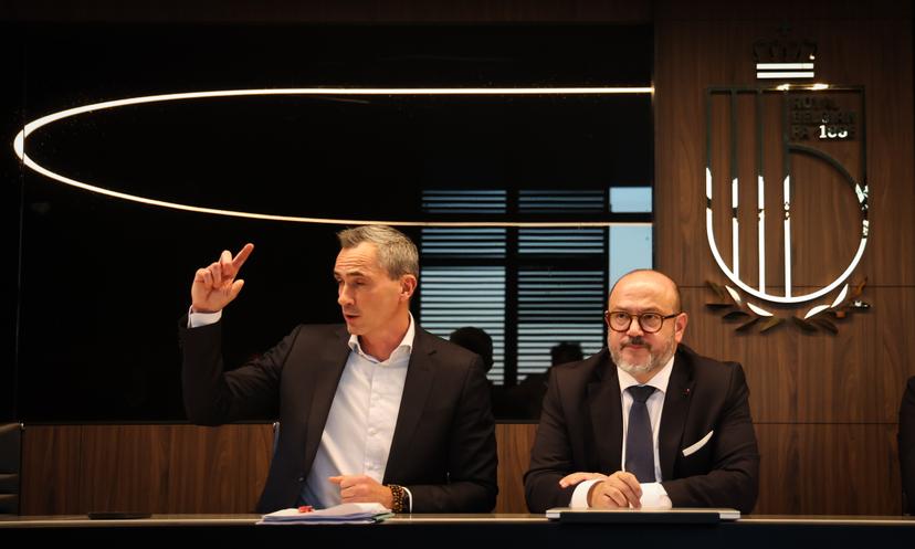 Pro League CEO Lorin Parys and Minister of Interior Bernard Quintin pictured during a press conference after a round table on safety in football, organised by the Pro League and the Royal Belgian Football Association (RBFA), Friday 07 November 2025 in Tubize. BELGA PHOTO VIRGINIE LEFOUR