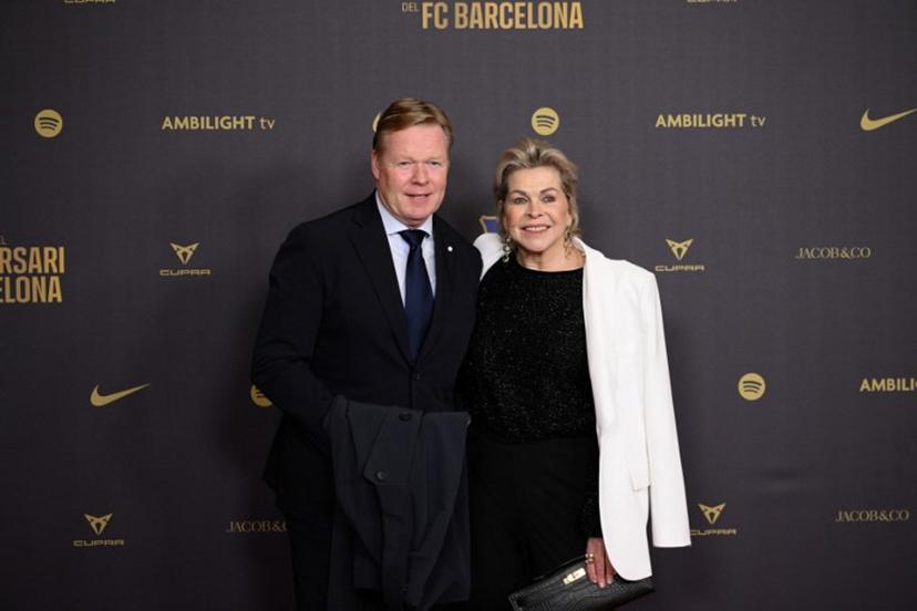 Former Barcelona player and coach Ronald Koeman (L) and his wife Bartina arrive to attend a gala in celebration of the 125th anniversary of the founding of FC Barcelona, in the Gran Teatre del Liceu theatre in Barcelona on November 29, 2024.  Josep LAGO / AFP