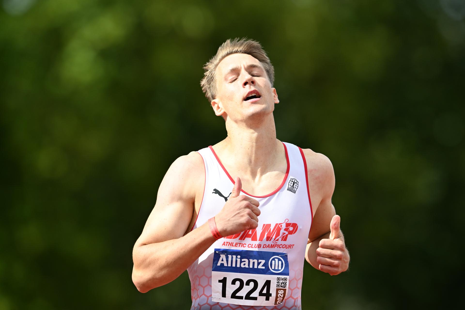 Belgian Julien Watrin pictured in action during the men's 400m hurdles race, at the Belgian athletics championships, Sunday 26 July 2026 in Kessel-Lo, Leuven. BELGA PHOTO JILL DELSAUX