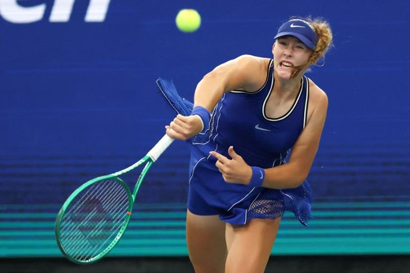 Russia's Mirra Andreeva follows through on a serve to Indonesia's Janice Tjen during their women's singles first round tennis match on day three of the US Open tennis tournament at the USTA Billie Jean King National Tennis Center in New York City on September 1, 2026.  TIMOTHY A. CLARY / AFP