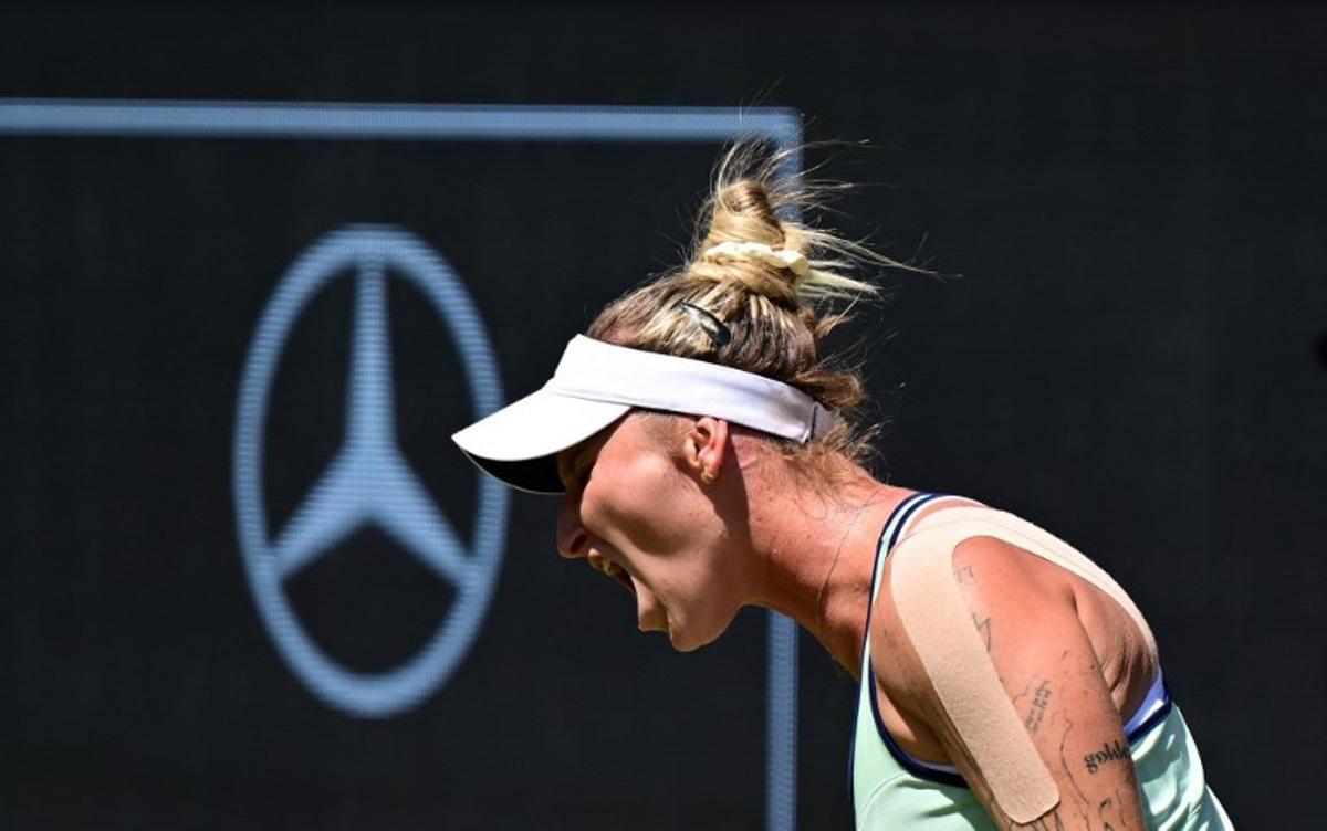 Czech Republic's Marketa Vondrousova reacts during the women's single final match against China's Wang Xinyu at the WTA tennis tournament in Berlin on June 22, 2025.  Tobias SCHWARZ / AFP