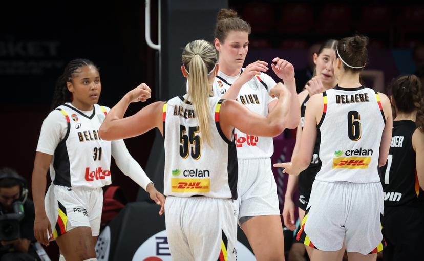 Belgium's Maxuella Lisowa Mbaka, Belgium's Julie Allemand, Belgium's Kyara Linskens and Belgium's Antonia Delaere celebrate during a basketball match between Belgian national team 'the Belgian Cats' and Germany, in the quarterfinals of the FIBA Women's EuroBasket tournament, Wednesday 25 June 2025 in Piraeus, Greece. BELGA PHOTO VIRGINIE LEFOUR