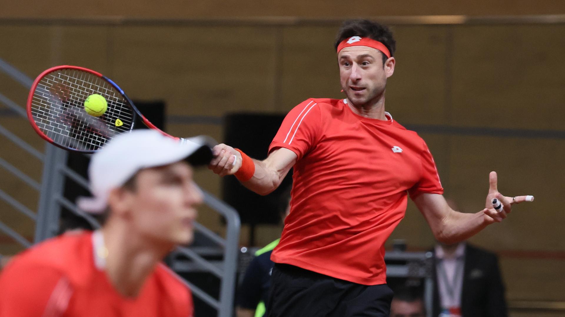 Belgian Joran Vliegen and Belgian Sander Gille pictured in action duringa a doubles tennis match against Bulgarian pair Donski/Nesterov, match 3 of the qualifier of the Davis Cup on Sunday 08 February 2026, in Plovdiv, Bulgaria. Belgium will compete this weekend in the Davis Cup qualifiers against Bulgaria. BELGA PHOTO BENOIT DOPPAGNE
