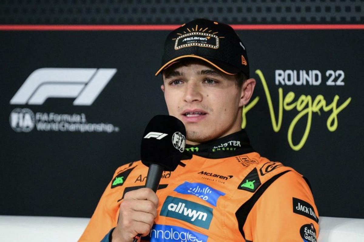 McLaren's British driver Lando Norris speaks during a press conference after winning the pole position during the qualifying session for the Las Vegas Formula One Grand Prix at the Las Vegas Strip Circuit in Las Vegas, Nevada, on November 21, 2025.  Frederic J. Brown / AFP