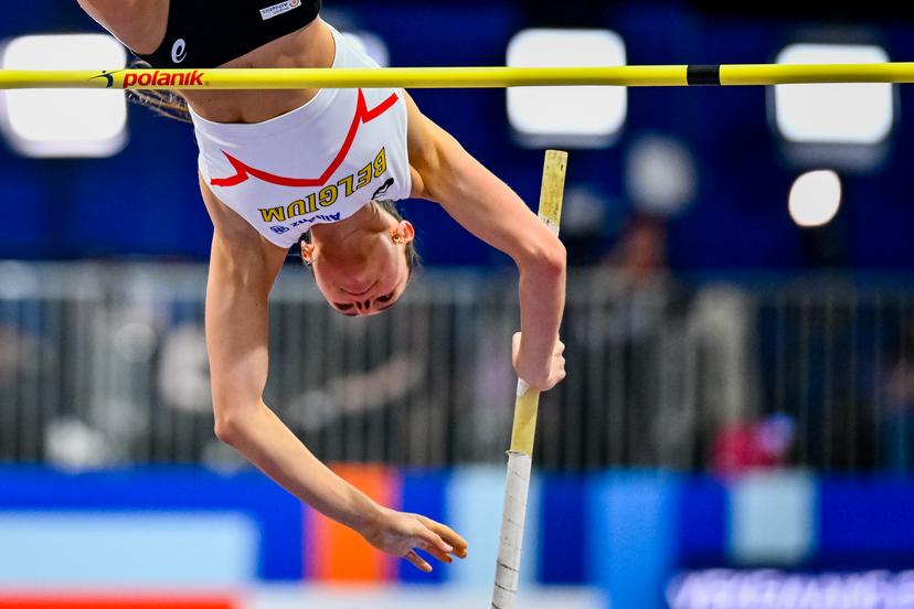 Belgian Elien Vekemans pictured in action during the warming-up for the European Athletics Indoor Championships, in Apeldoorn, The Netherlands, Saturday 08 March 2025. The championships take place from 6 to 9 March. BELGA PHOTO ERIC LALMAND