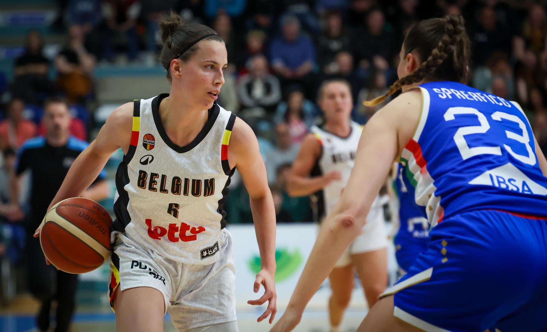 Belgium's Antonia Delaere pictured in action during a friendly basket game between Belgium's national team Belgian Cats and Italy, in Jemappes, on Friday 23 May 2025. BELGA PHOTO VIRGINIE LEFOUR
