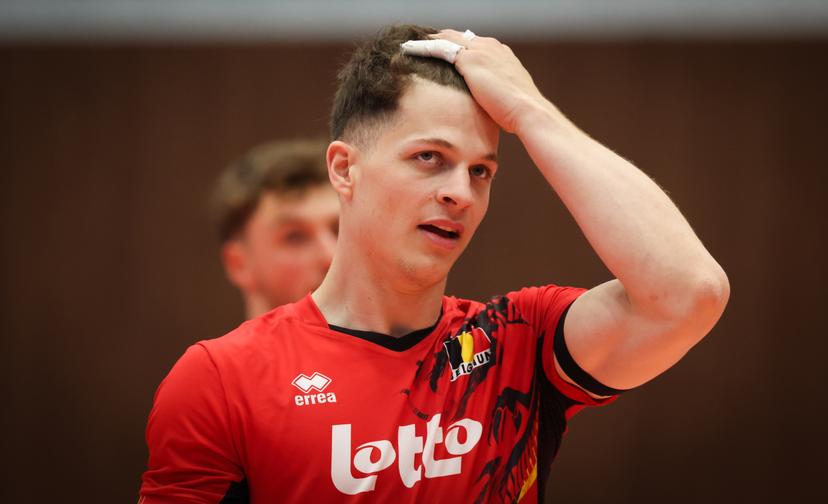 Belgium's Seppe Rotty pictured during a volleyball match between Belgium's national men's volleyball team, the Red Dragons, and the Azeri national men's volleyball team, in match 3/6 of the League Round of the European Golden League men, in Beveren, Friday 24 May 2024. BELGA PHOTO VIRGINIE LEFOUR