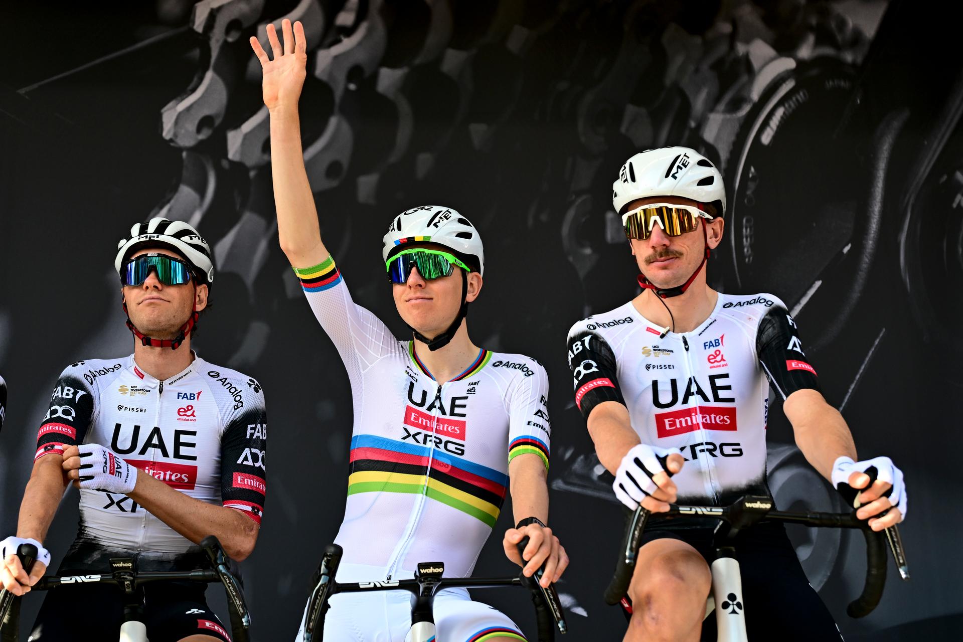 Slovenian Tadej Pogacar of UAE Team Emirates and American Brandon McNulty of UAE Team Emirates pictured at the start of the men elite race of the Liege-Bastogne-Liege one day cycling event, 252km from Liege, over Bastogne to Liege, Sunday 27 April 2025. BELGA PHOTO MAARTEN STRAETEMANS