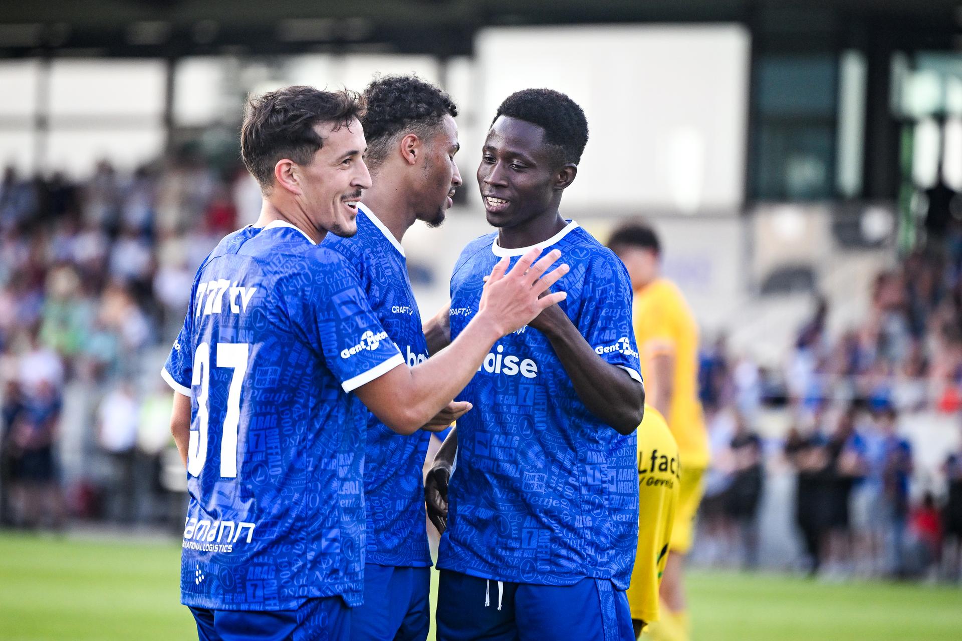 Gent's players celebrate after scoring during a friendly soccer game between first provincial division soccer team KFC Merelebeke and first division KAA Gent, on Saturday 27 June 2026 in Merelbeke, in preparation of the upcoming 2026-2027 Belgian first division soccer season. BELGA PHOTO ELIAS ROM