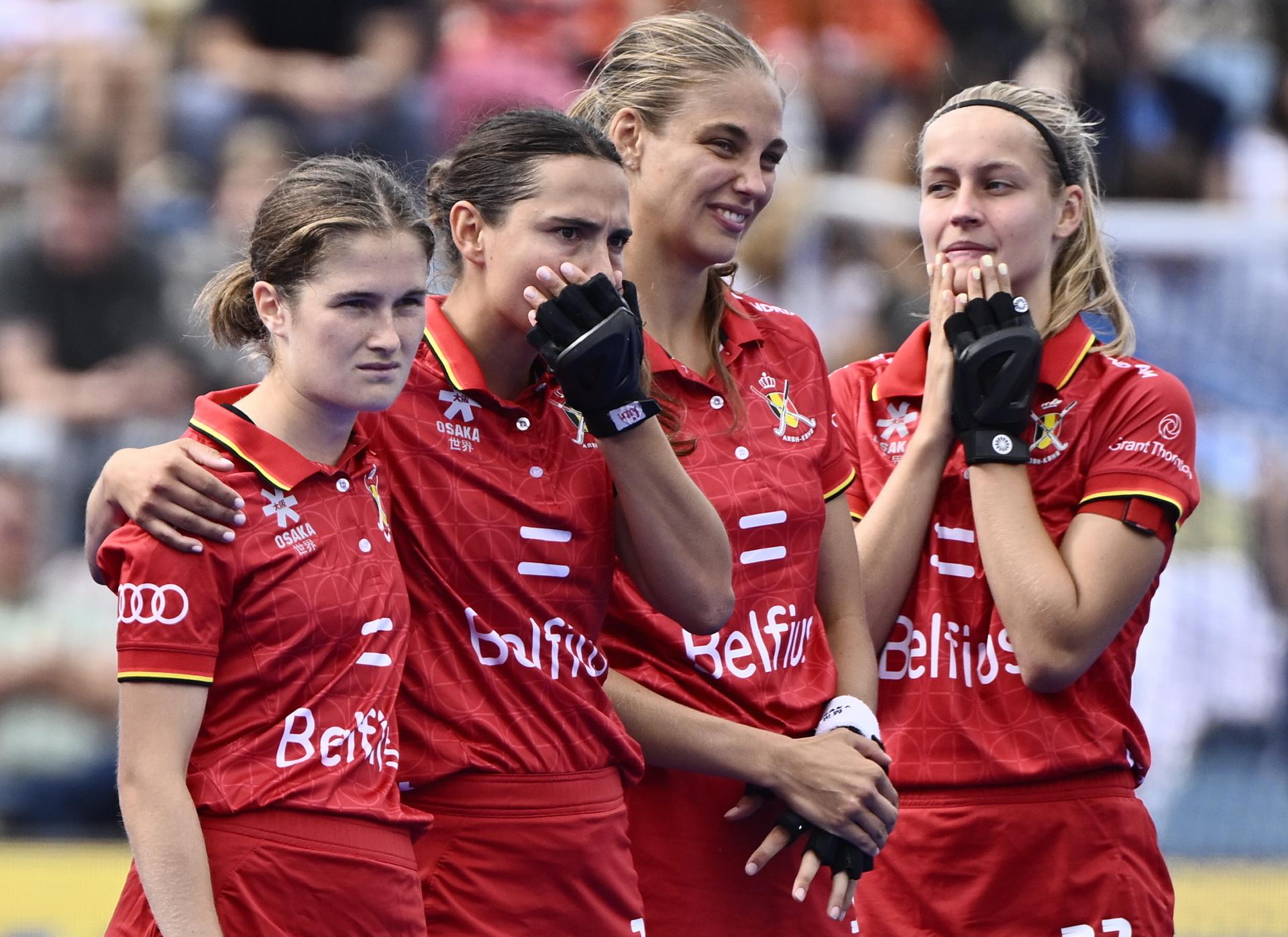The Red Panthers react during a hockey game between Spain and the Belgian national team Red Panthers, the 'small final' to decide on the bronze medal of the 2025 women's European championships, Sunday 17 August 2025 in Monchengladbach, Germany. BELGA PHOTO ERIC LALMAND