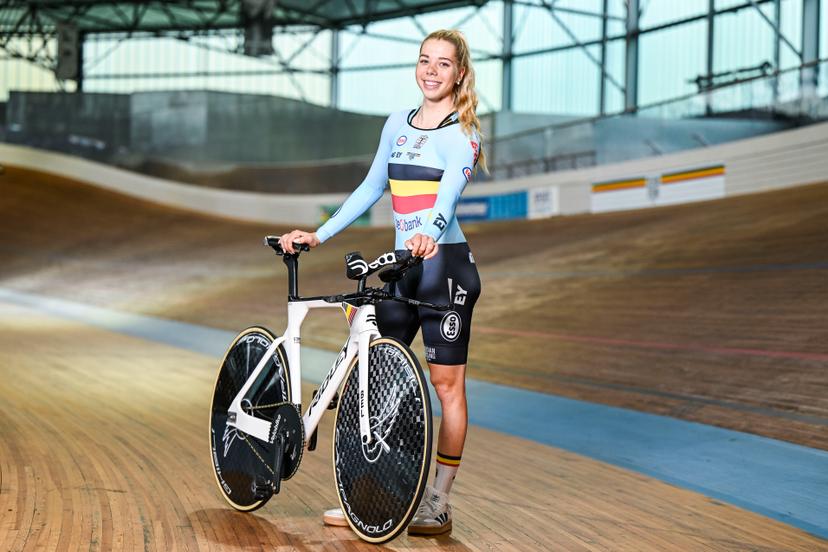 Belgian Helene Hesters poses for the photographer before a training session of the delegation for the upcoming World Track Cycling Championships, Tuesday 14 October 2025 in Gent. The competition will take place in Santiago, Chile, from 22 to 26 October 2025. BELGA PHOTO TOM GOYVAERTS