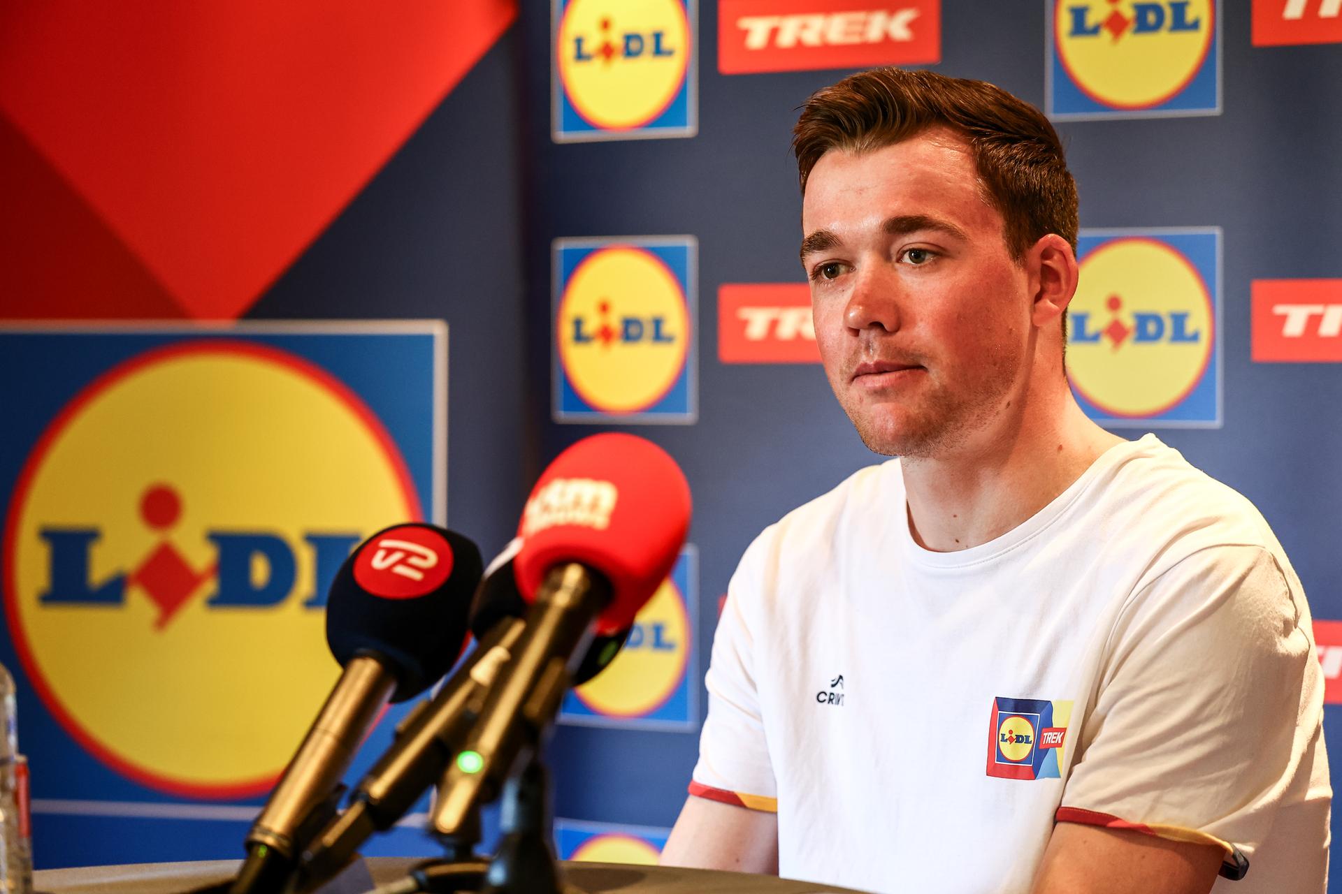 Danish Mads Pedersen of Lidl-Trek pictured during a press conference of the Lidl-Trek cycling team ahead of the Ronde van Vlaanderen / Tour des Flandres / Tour of Flanders cycling race, Friday 04 April 2025 in Brugge. The 109th edition of the cycling race will take place on Sunday 06 April. BELGA PHOTO DAVID PINTENS