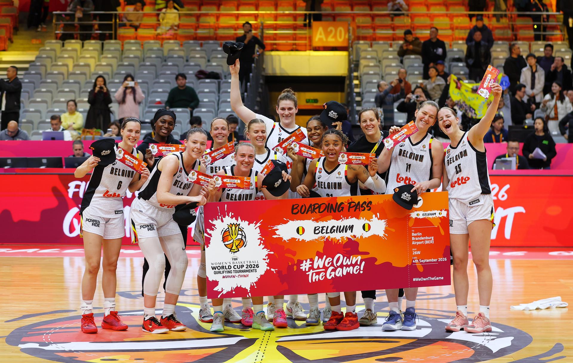 Belgium's national team Belgian Cats celebrate after qualifying for the 2026 FIBA Women's Basketball World Cup, in Wuhan, China, on Tuesday 17 March 2026, after the fifth game (out of 5) of the qualifications phase for the World Cup Basket tournament. BELGA PHOTO NIKOLA KRSTIC
