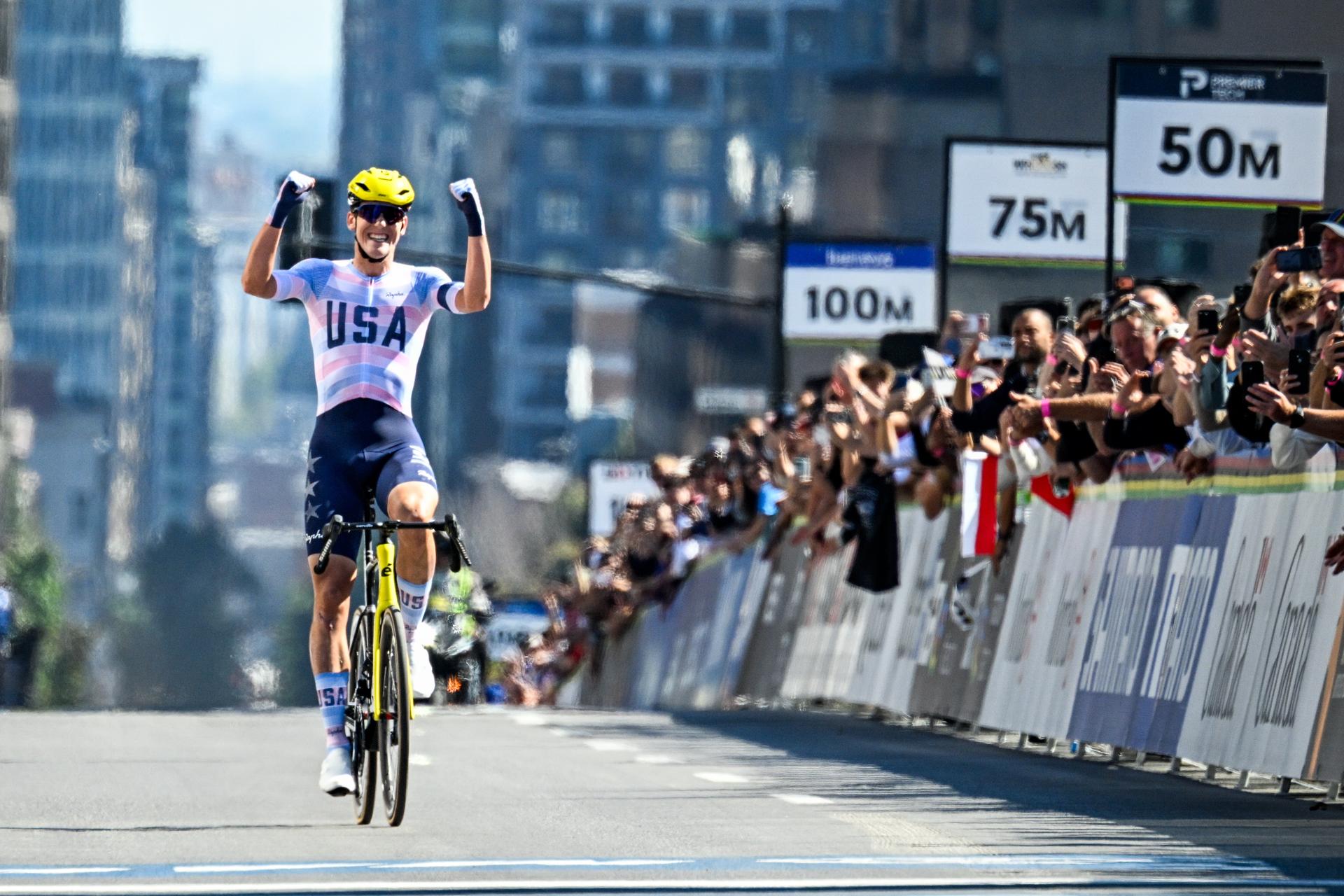 American Ashlin Barry celebrates as he crosses the finish line to win the Men U23 Road Race race (174,2km) at the cycling World Championship, in Montreal, Canada, Friday 25 September 2026. The UCI road world championships are taking place from 20 to 27 September, in Montreal, Canada. BELGA PHOTO JASPER JACOBS