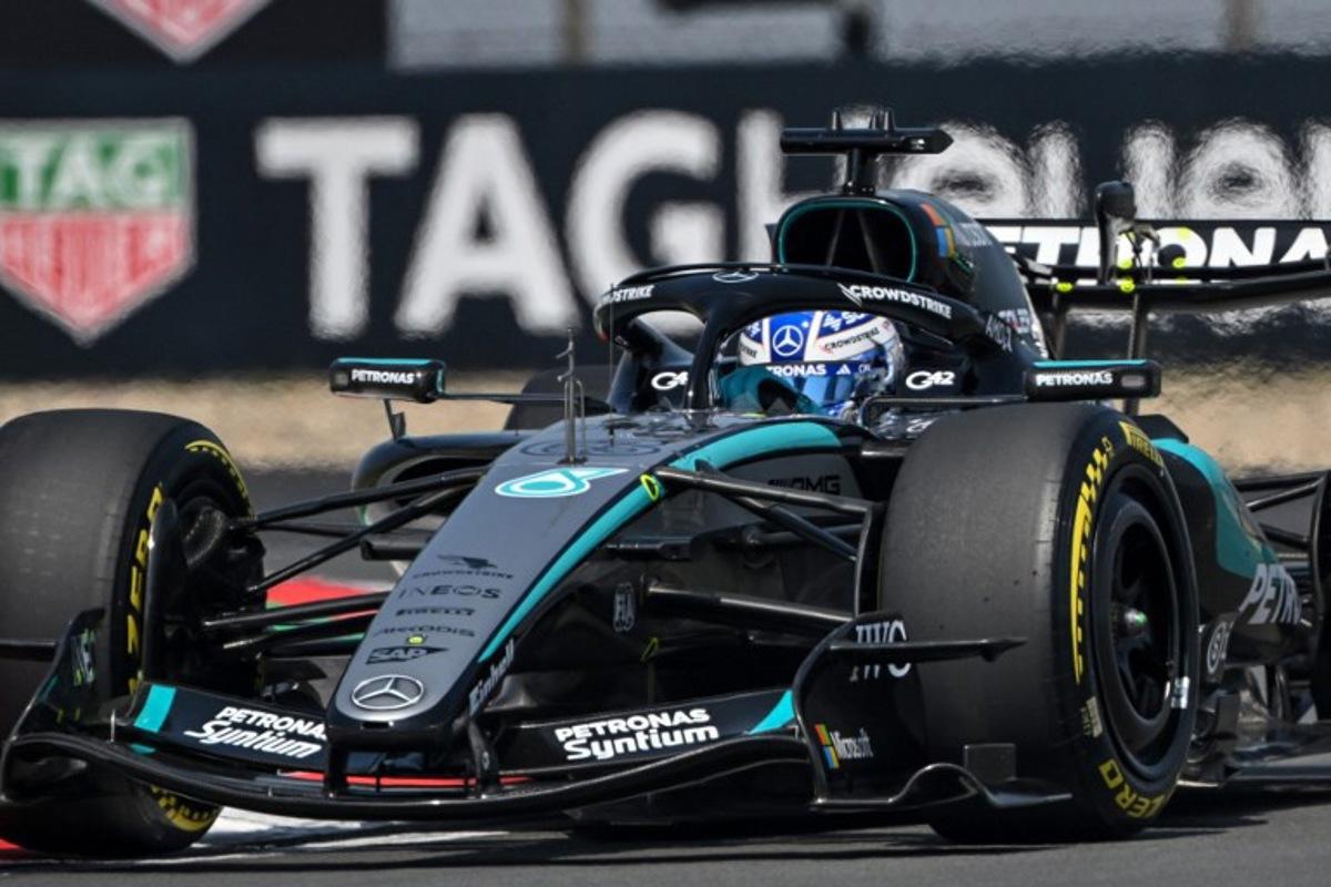Mercedes' British driver George Russell drives during a practice session ahead of the Formula One Chinese Grand Prix at the Shanghai International Circuit in Shanghai on March 13, 2026. JADE GAO / AFP