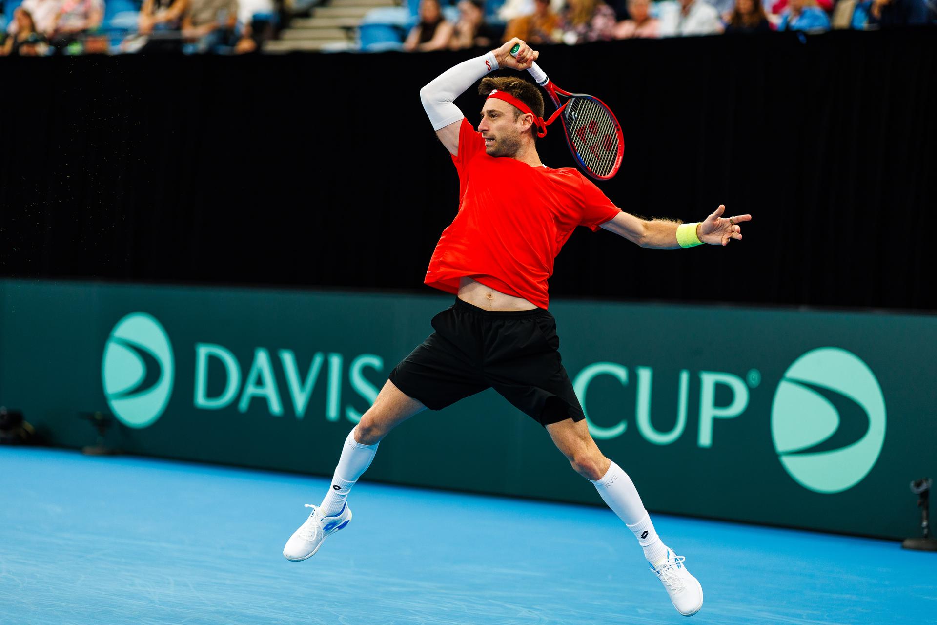 Belgian Sander Gille pictured in action duringa a tennis match between Belgian Vliegen/Gille and Australian Hijikata/Thompson, during the qualifier of the Davis Cup, Sunday 14 September 2025, in Sydney, Australia. Belgium and Australia will compete this weekend in the second round of the Davis Cup qualifiers. BELGA PHOTO PATRICK HAMILTON