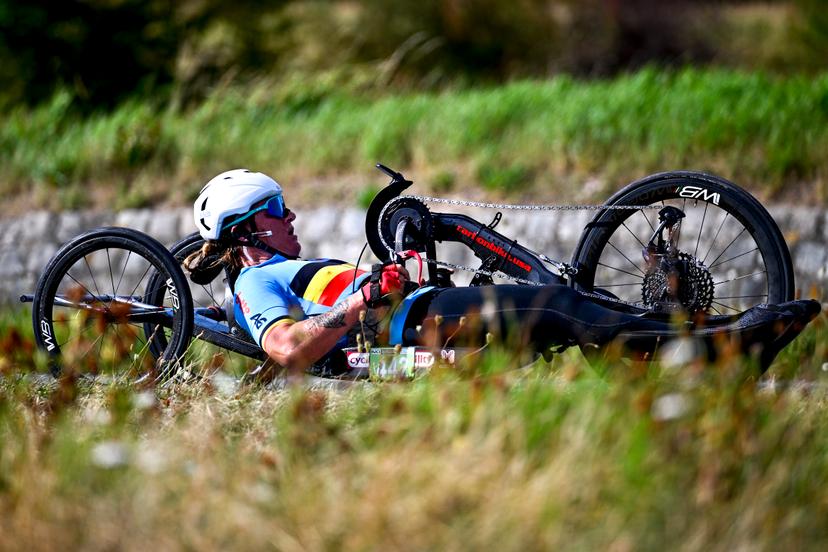 Belgium Laurence Vandevyver (WH3) pictured in action during the individual time trial at the UCI Para-cycling Road World Championships, Thursday 28 August 2025, in Ronse. The UCI Para-Cycling Road World Championships take place from 28 to 31 Augustus in Ronse. BELGA PHOTO JASPER JACOBS