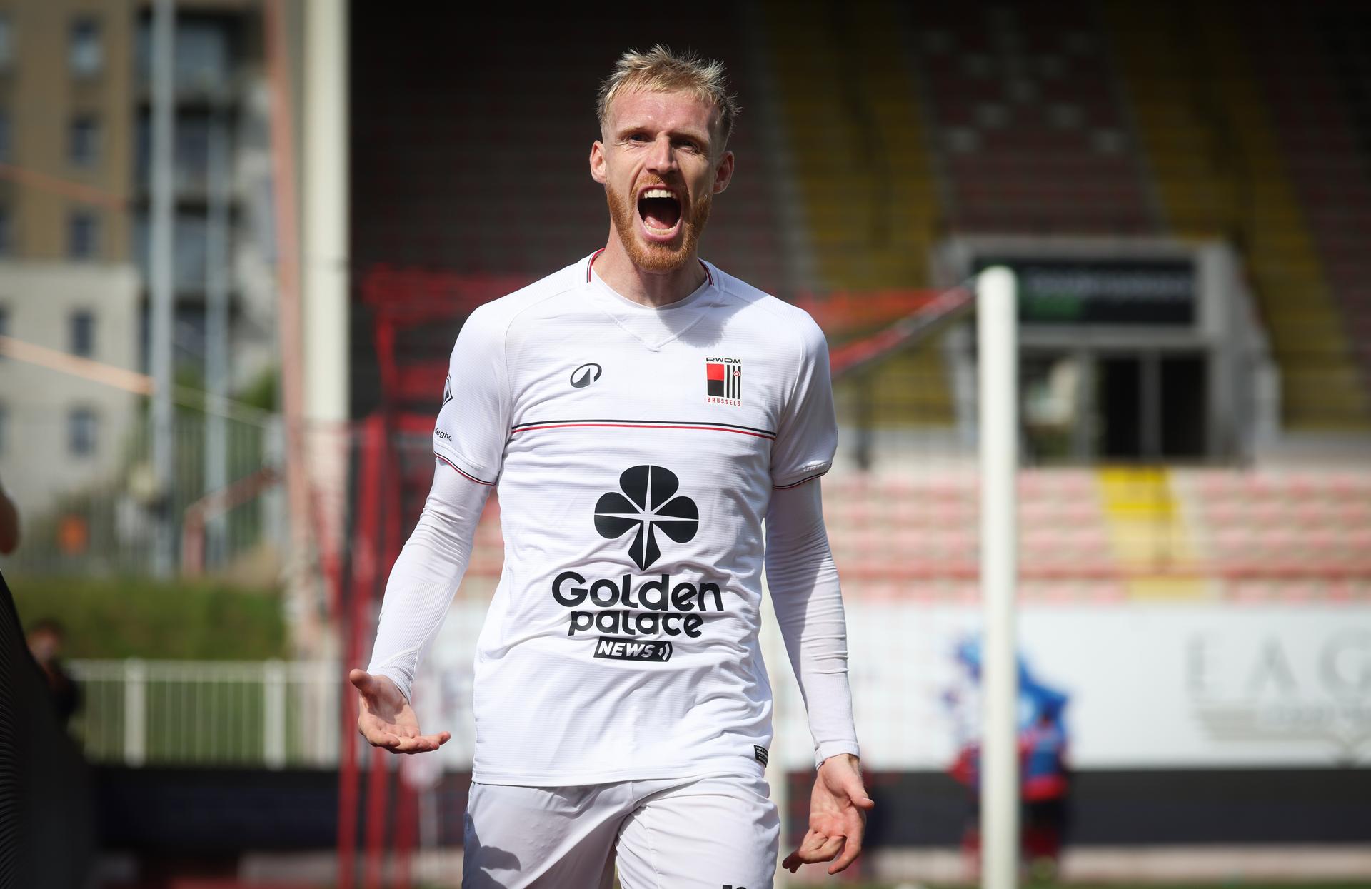 Rwdm's Gaetan Robail celebrates after scoring during a soccer game between RWDM Brussels and RFC Seraing, Sunday 14 September 2025 in Brussels, on day 5 of the 2025-2026 'Challenger Pro League' 1B second division of the Belgian championship. BELGA PHOTO VIRGINIE LEFOUR