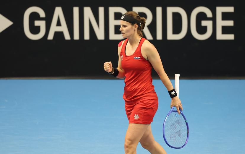 Belgian Greet Minnen celebrates during a tennis match between Belgian Minnen and French Gracheva, on Friday 11 April 2025, the second game in the Promotion Play-offs between Belgium and France in the Europe/Africa Group I of the Billie Jean King Cup tennis, in Vilnius, Lithuania. PHOTO VIRGINIE LEFOUR