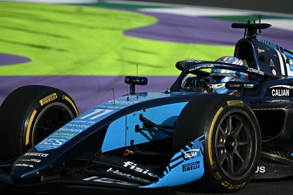 DAMS Lucas Oil's US driver Jak Crawford drives during the 2025 Saudi Arabia Formula Two Feature Race at the Jeddah Corniche Circuit on April 20, 2025.  Gabriel BOUYS / AFP