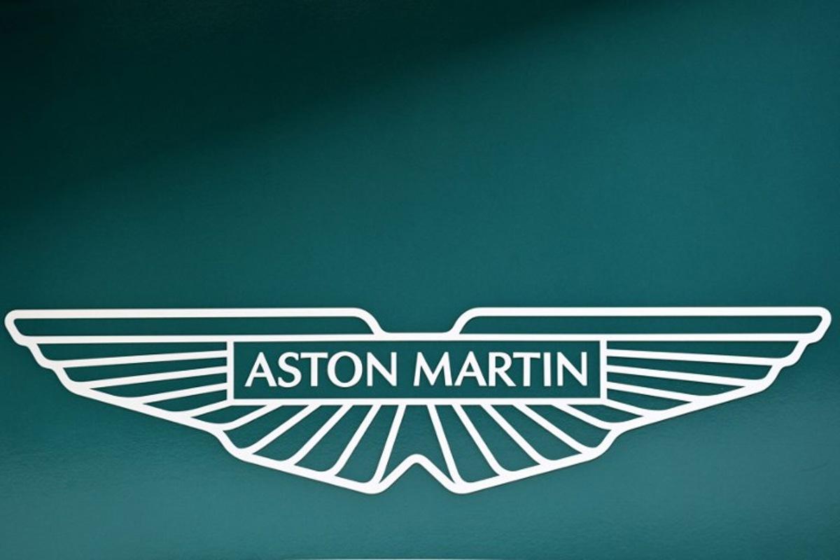 The logo for the Formula One Aston Martin Team pictured at the Autodromo Internazionale Enzo e Dino Ferrari race track in Imola, Italy, on April 23, 2022,  ahead of the Formula One Emilia Romagna Grand Prix.  MIGUEL MEDINA / AFP