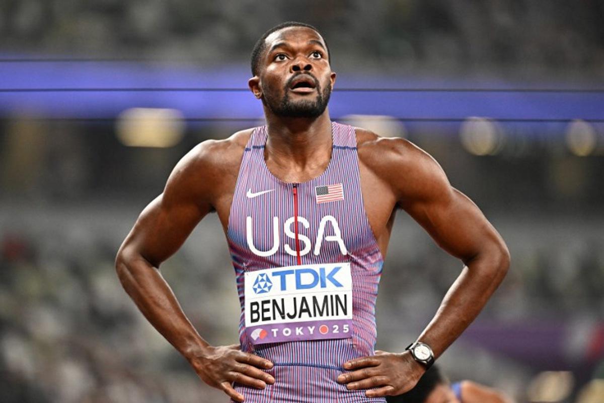 US' athlete Rai Benjamin react after competing in the men's 400m hurdles semi-final during the World Athletics Championships in Tokyo on September 17, 2025.  Jewel SAMAD / AFP