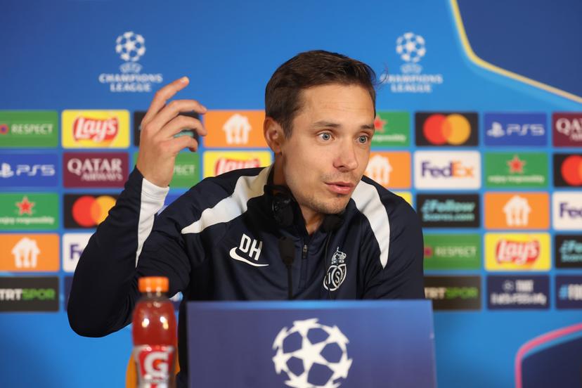 Union's head coach David Hubert gestures during a press conference of Belgian soccer team Royale Union Saint-Gilloise in Istanbul, Turkey, on Monday 24 November 2025. The team is preparing for tomorrow's match against Turkish Galatasaray, on day 5 of the League phase of the UEFA Champions League tournament. BELGA PHOTO VIRGINIE LEFOUR