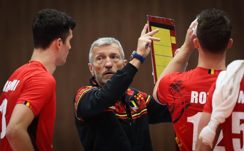 Belgium's head coach Emamuele Zanini gestures during a volleyball match between Belgium's national men's volleyball team, the Red Dragons, and the Azeri national men's volleyball team, in match 3/6 of the League Round of the European Golden League men, in Beveren, Friday 24 May 2024. BELGA PHOTO VIRGINIE LEFOUR