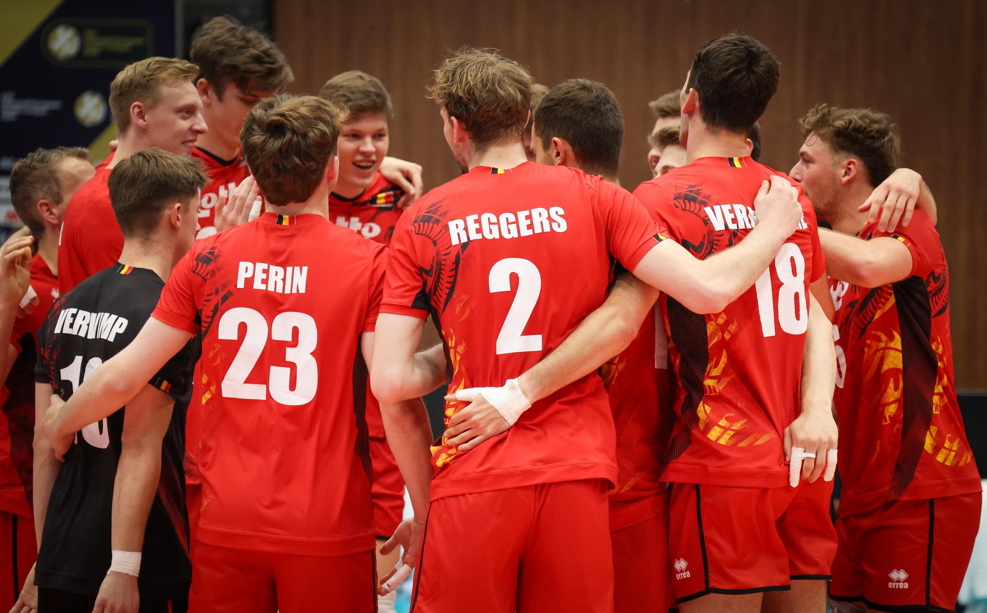 Belgium's players celebrate after winning a volleyball match between Belgium's national men's volleyball team, the Red Dragons, and the Azeri national men's volleyball team, in match 3/6 of the League Round of the European Golden League men, in Beveren, Friday 24 May 2024. BELGA PHOTO VIRGINIE LEFOUR