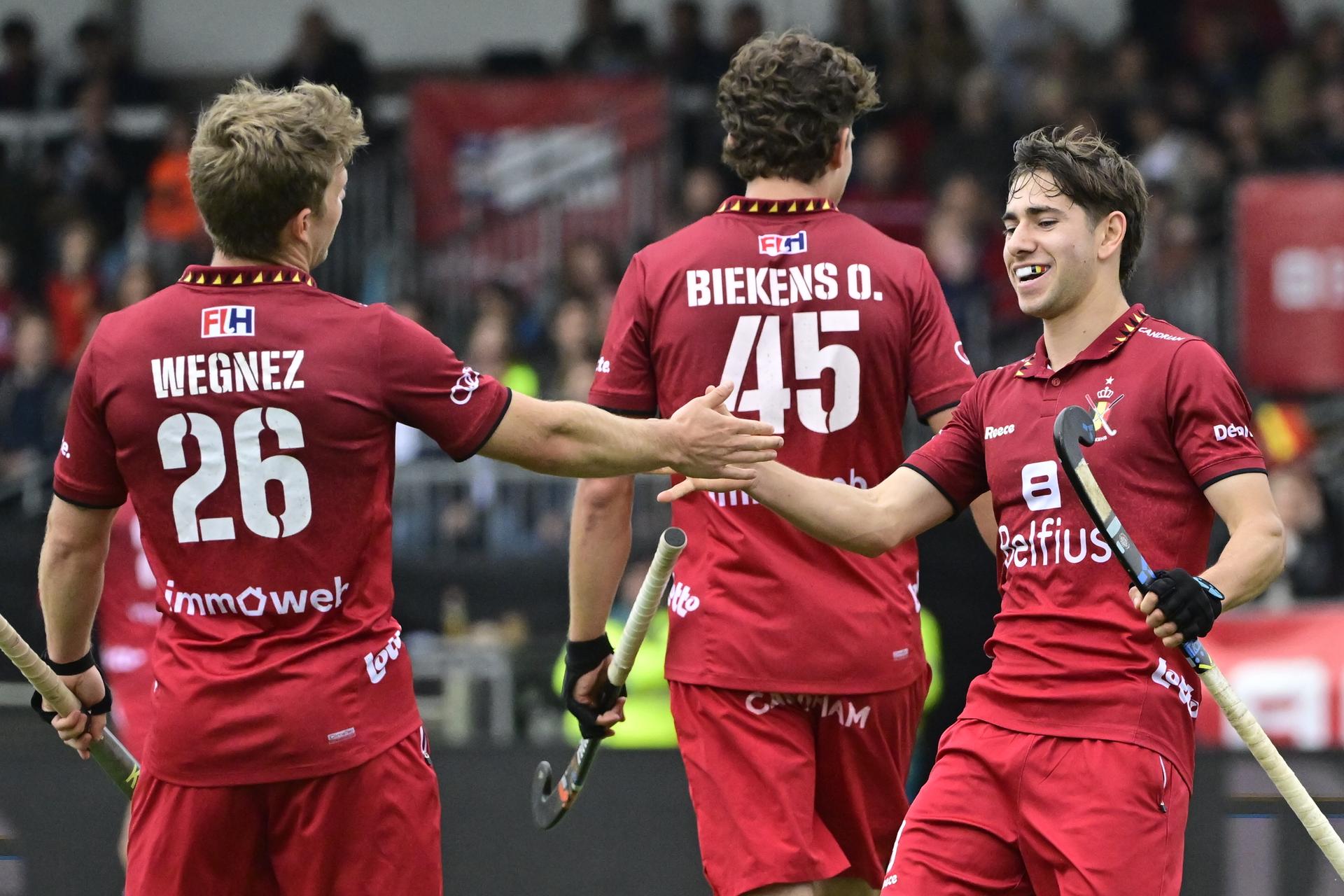 Belgium's Victor Wegnez and Belgium's Thibeau Stockbroekx celebrate during a hockey game between Belgian national team Red Lions and Spain, match 11/16 in the group stage of the 2024 Men's FIH Pro League, Saturday 01 June 2024, in Antwerp.  BELGA PHOTO DIRK WAEM