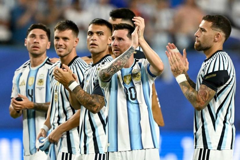 Argentina's forward #10 Lionel Messi celebrates next to teammates after winning the 2026 World Cup round of 32 football match between Argentina and Cape Verde at the Miami Stadium in Miami Gardens on July 3, 2026.   CHANDAN KHANNA / AFP