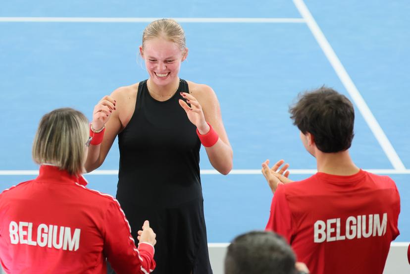 a Belgian Jeline Vandromme celebrates after winning a tennis match against German Friedsam, during the meeting between Belgium and Germany in the Billie Jean King Cup Play-offs, on Sunday 16 November 2025 in Ismaning, Germany. PHOTO BENOIT DOPPAGNE