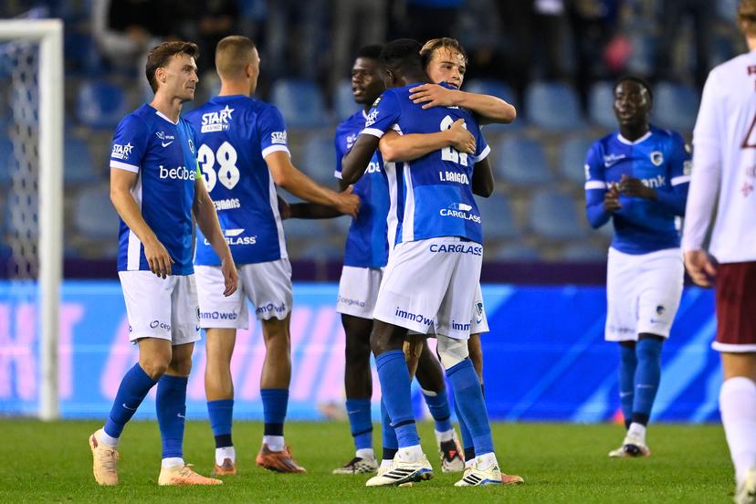 Genk's Ibrahima Sory Bangoura and Genk's Matte Smets celebrate after winning a soccer match between KRC Genk and SK Beveren, Friday 28 August 2026 in Genk, on day 4 of the 2026-2027 'Jupiler Pro League' first division of the Belgian championship. BELGA PHOTO JOHAN EYCKENS