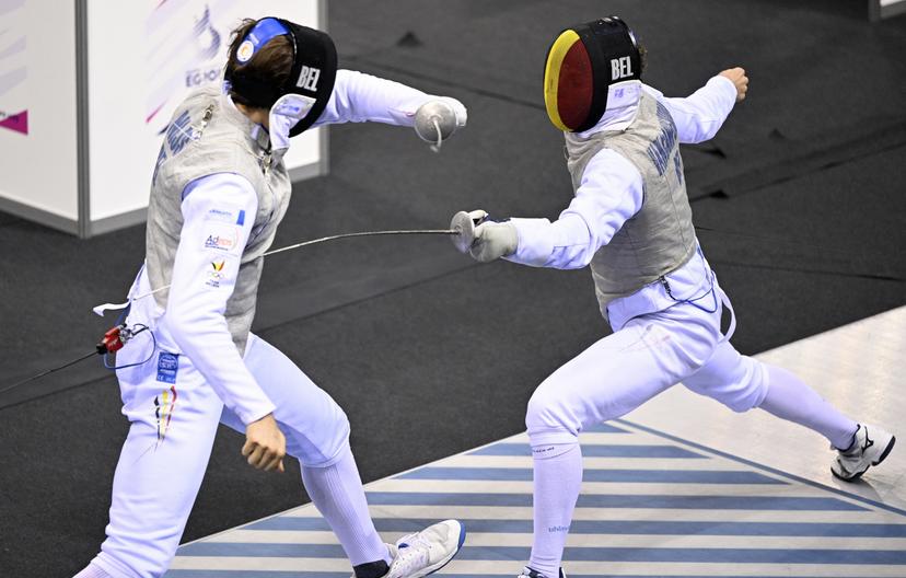 Fencing Athlete Mathieu Nijs and Fencing Athlete Stef Van Campenhout pictured in action during the 1/16 final in the men's foil competition, at the European Games in Krakow, Poland on Monday 26 June 2023. The 3rd European Games, informally known as Krakow-Malopolska 2023, is a scheduled international sporting event that will be held from 21 June to 02 July 2023 in Krakow and Malopolska, Poland. BELGA PHOTO LAURIE DIEFFEMBACQ